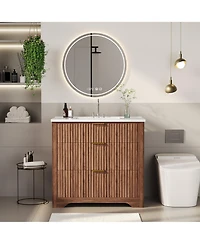 homfan Fluted Bathroom Vanity with Sink, Farmhouse Freestanding Cabinet 2 Drawers and Flip-Down Drawer, Easy Assembly