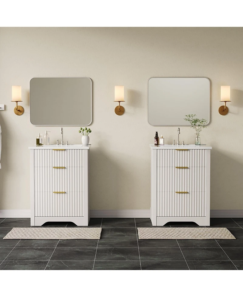 homfan Fluted Bathroom Vanity with Sink, Farmhouse Freestanding Cabinet 2 Drawers and Flip Down Drawer, Easy Assembly