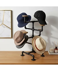 Yigii Hat Display Stand 8 Rustic Burnt Wood Hooks Metal Pipe Countertop for Hats Wigs
