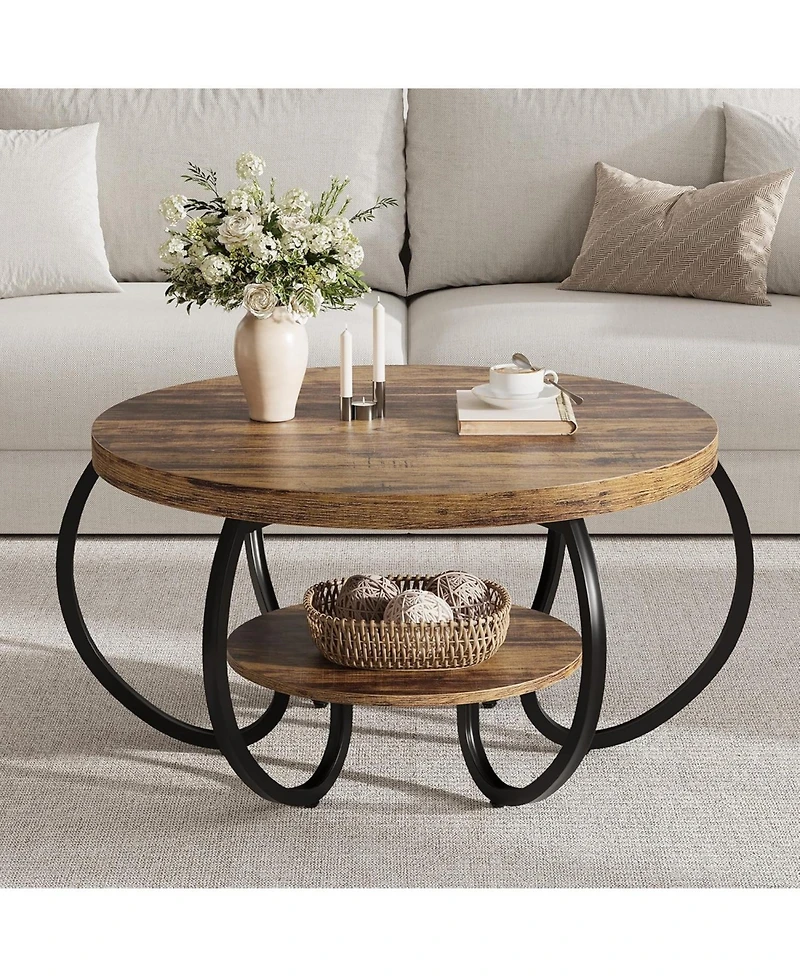 gaomon 30" Round Farmhouse 2-Tier Wood Coffee Table with Storage Shelf and Curved Metal Legs.