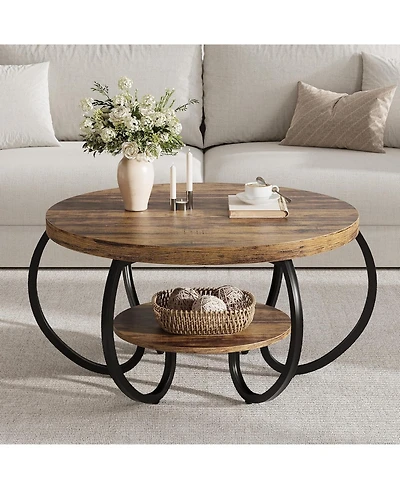 gaomon 30" Round Farmhouse 2-Tier Wood Coffee Table with Storage Shelf and Curved Metal Legs.