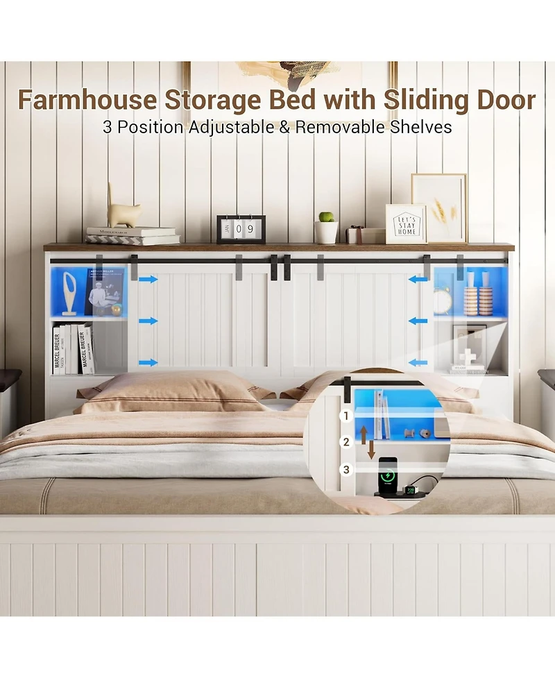 gaomon Farmhouse Bed Frame with Led Lights and Charging Station