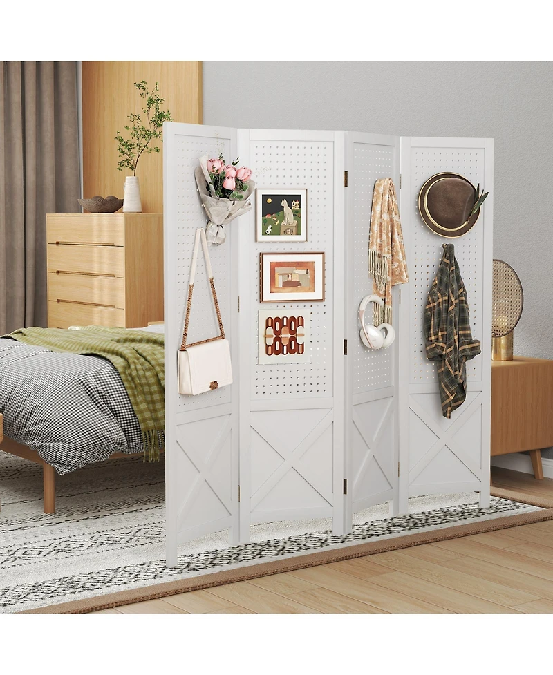 Slickblue Pegboard Display Stand 4 Panel Folding Room Divider with Wooden Frame