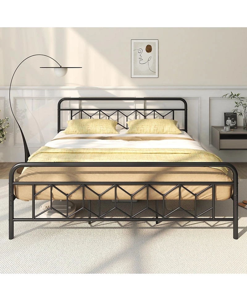 Gouun King Size Platform Bed with High Headboard and Snap Lock Metal Slats