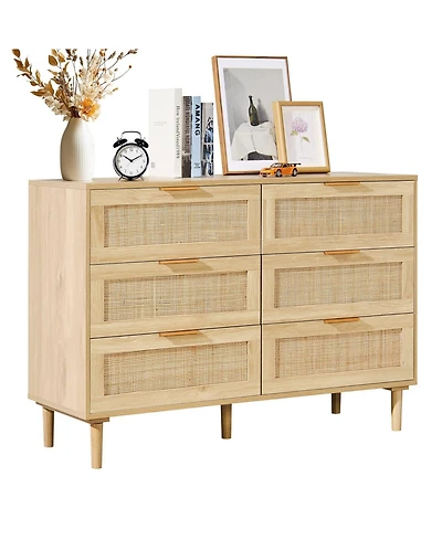 Gouun 6 Drawer Rattan Dresser with Spacious Storage for Bedroom and Hallway