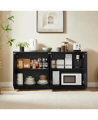 Rainsken Vertical Stripe Sideboard Buffet Cabinet, Modern 4-Door Storage Cabinet with Gold Handles, Curved Wave Design for Living Room