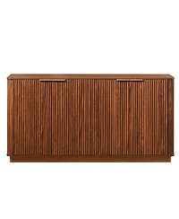 Rainsken Modern Vertical Stripe Buffet Cabinet, 4-Door Storage Sideboard with Curved Wave Detail and Gold Handles for Living Room