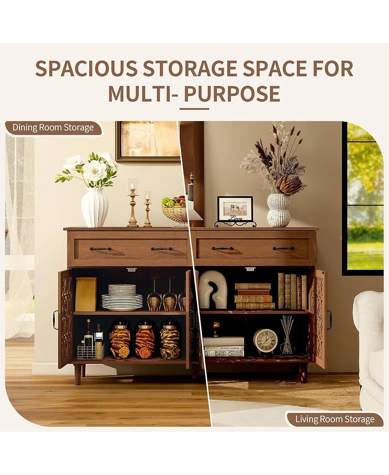 Rainsken Vintage Sideboard Buffet Cabinet, Entryway 4 Doors Storage Cabinet with Hand-Carved Hollow Doors, 2 Drawers and Metal Handles for Living Room