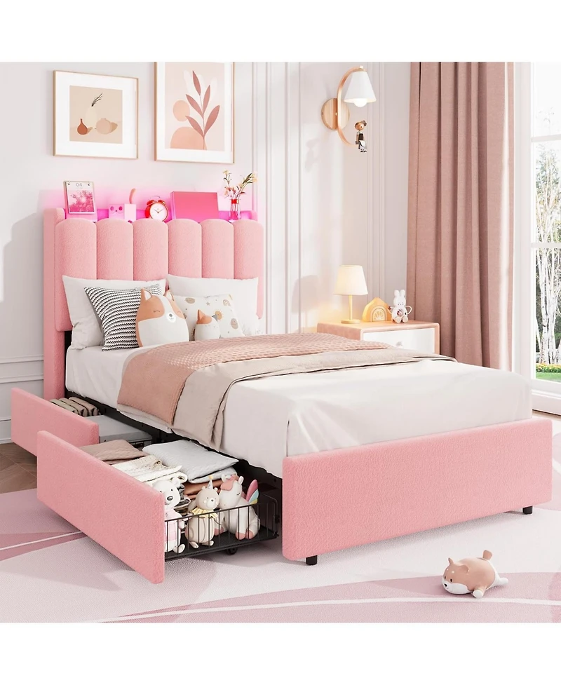 gaomon Led Bed Frame with Storage Headboard, Boucle Upholstered Platform for Girls, 2 Drawers and Bookcase