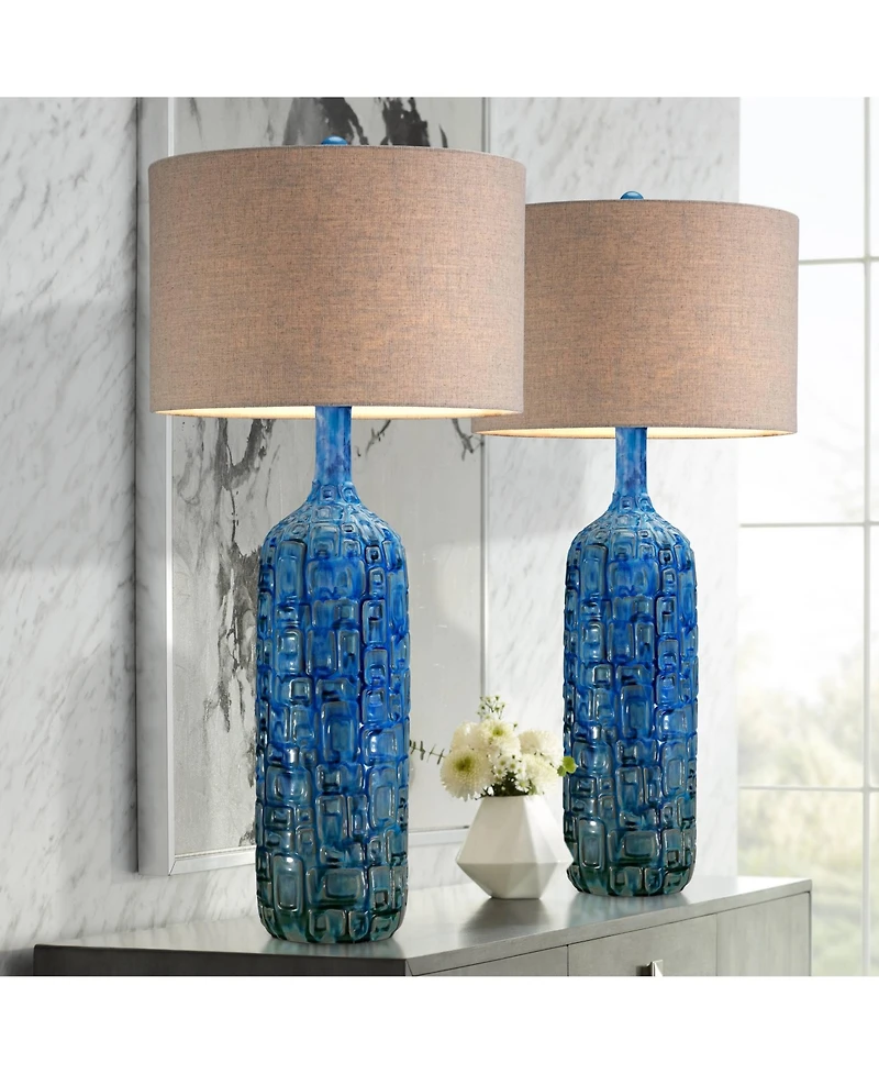 Possini Euro Design 36" Tall Large Mid Century Modern Farmhouse Rustic End Table Lamps Set of 2 Teal Ceramic Living Room