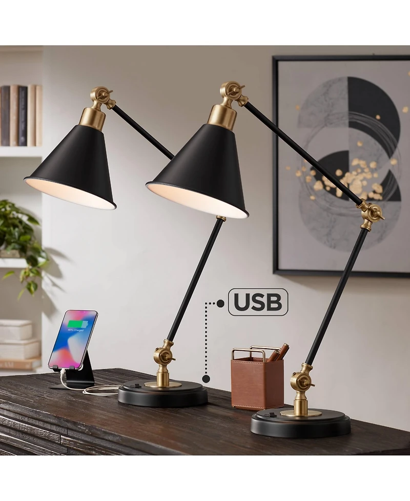 360 Lighting Wray 26 3/4" Tall Industrial Desk Lamps Set of 2 Usb Port Adjustable Brass Finish Metal Home Office Charging