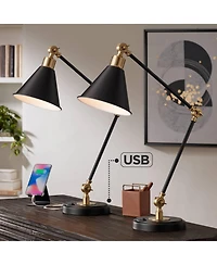 360 Lighting Wray 26 3/4" Tall Industrial Desk Lamps Set of 2 Usb Port Adjustable Brass Finish Metal Home Office Charging