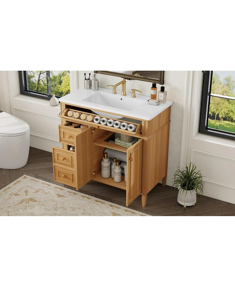 Busdays 36" Solid Wood Bathroom Vanity with Sink, 3 Drawers and 2 Soft-Close Doors, Rubber Wood Handles, Mdf Construction