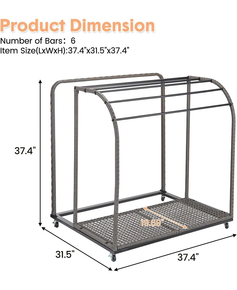 gaomon Outdoor Pool Towel Rack with 5 Bars, Durable Pe Rattan and Steel, Trapezoid Design, Caster Wheels, Versatile Storage