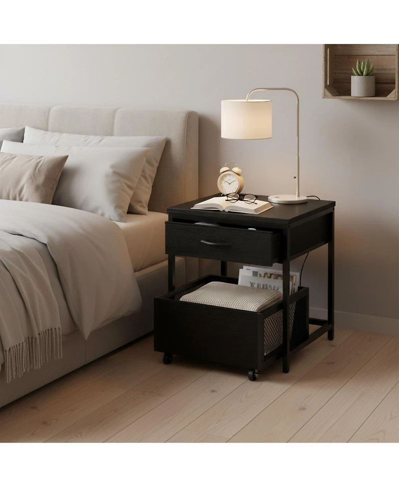 Yigii End Table Mini Fridge Stand with Storage Drawer Mobile Basket Cart for Living Room Bedroom