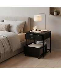 Yigii End Table Mini Fridge Stand with Storage Drawer Mobile Basket Cart for Living Room Bedroom