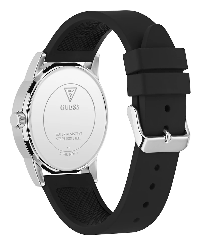 Guess Men's Silver-Tone Stainles Steel Black Silicone Multi-Function Watch, 42mm