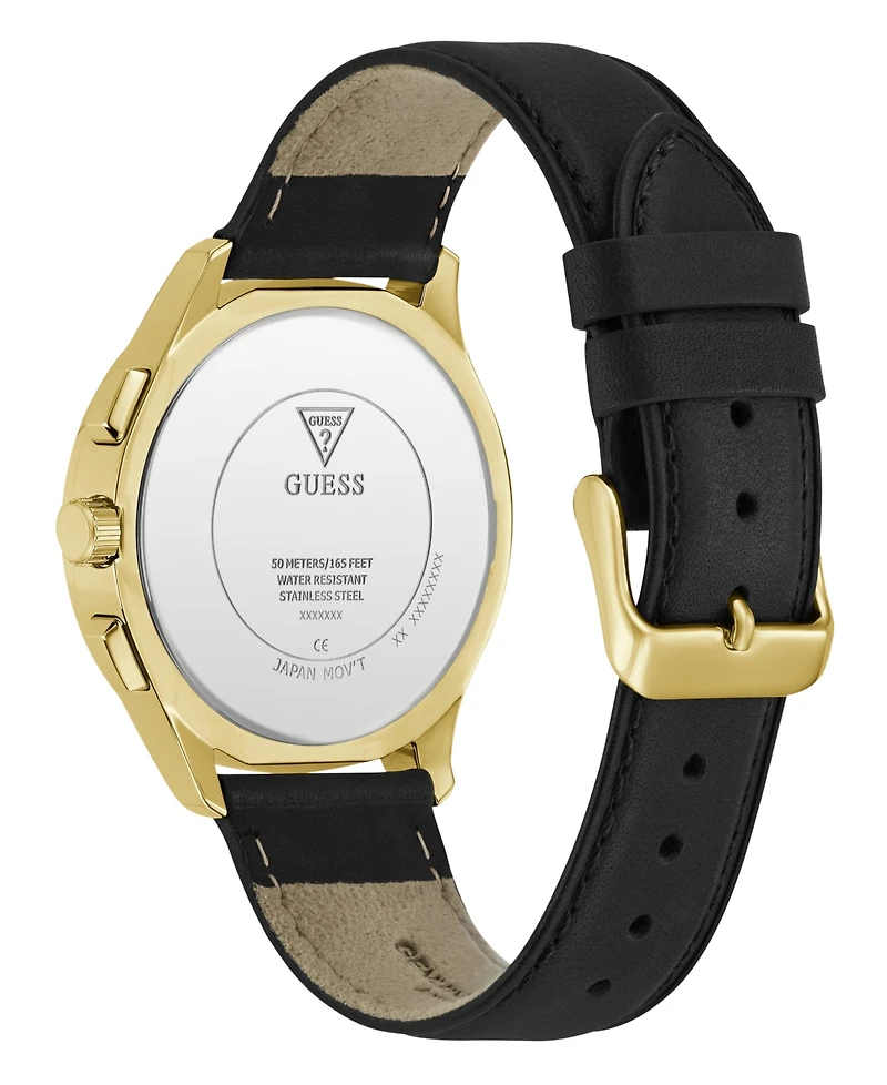 Guess Men's Gold-Tone Stainles Steel Black Leather Multi-Function Watch, 40mm