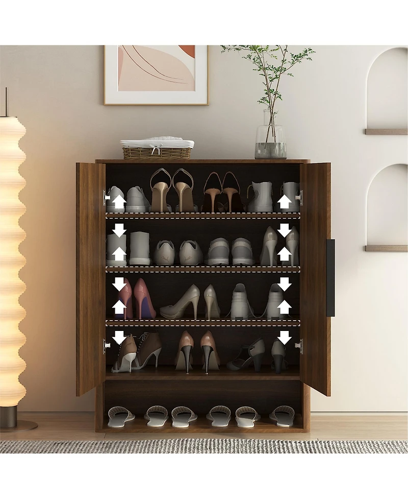 Rainsken 4-Tier Wooden Shoe Cabinet with Enclosed Doors and Adjustable Shelves, Freestanding Shoe Organizer for Entryway, Hallway and Living Room