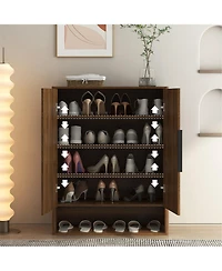 Rainsken 4-Tier Wooden Shoe Cabinet with Enclosed Doors and Adjustable Shelves, Freestanding Shoe Organizer for Entryway, Hallway and Living Room