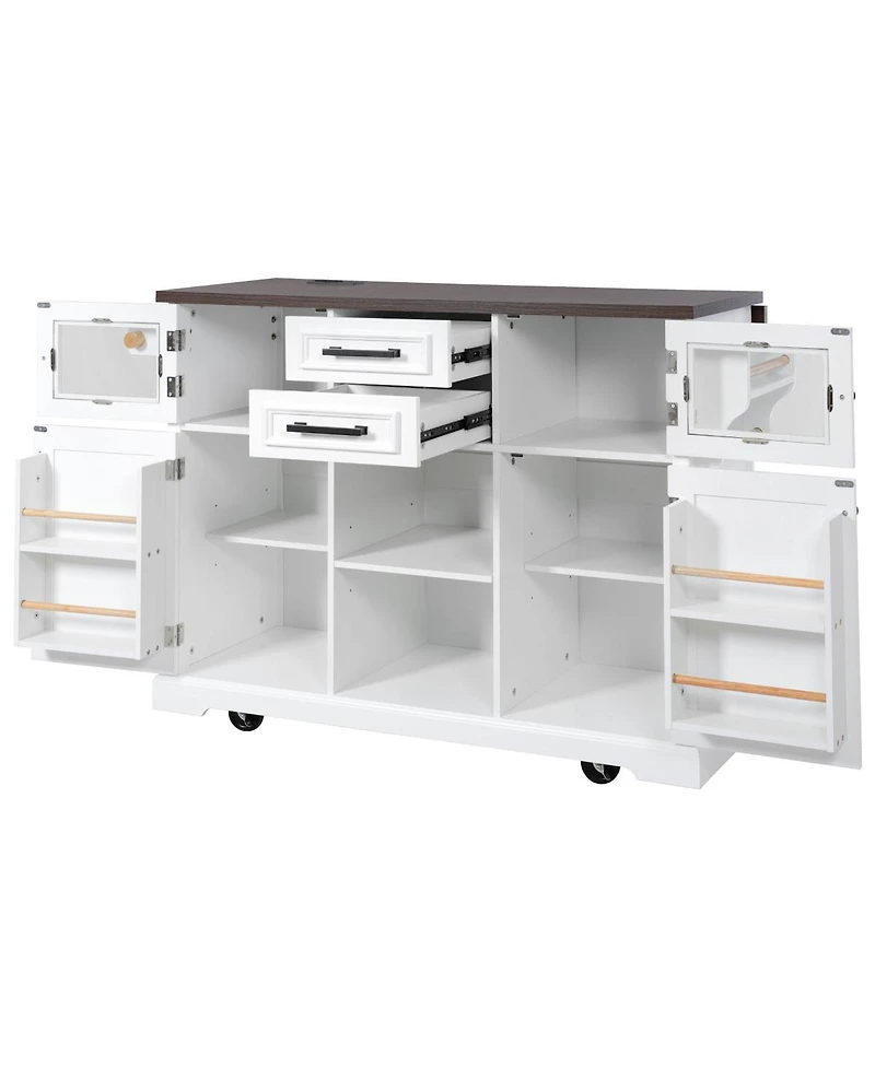 Streamdale Furniture Kitchen Island Drop Leaf, Power, Storage, Glass Door, Wheels