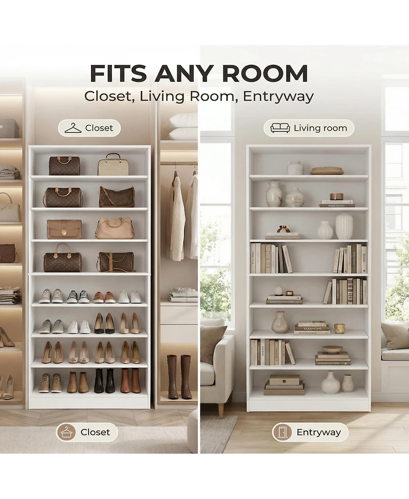 Rainsken 9 Tier Tall Shoe Cabinet, Large Wood Shoe Storage Organizer with Adjustable Shelves and Open Storage for Entryway, Hallway, Living Room