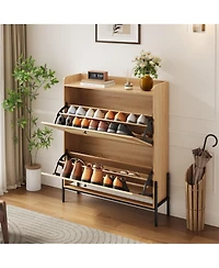 Rainsken Rattan Shoe Cabinet, Narrow Freestanding Storage Organizer with 2 Flip-Top Drawers and Metal Legs for Entryway