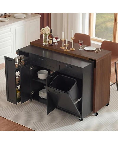 Streamdale Furniture Kitchen Island Extendable Table and Trash Storage