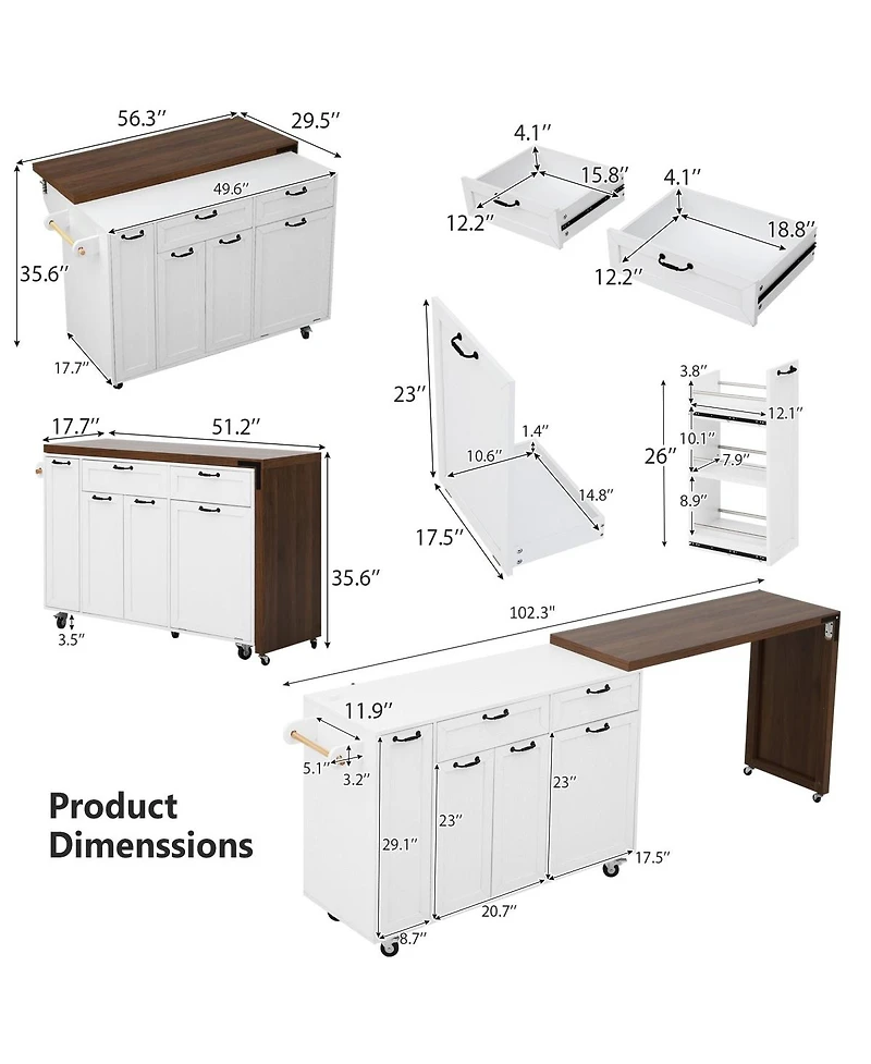 Streamdale Furniture Kitchen Island Extendable Table and Trash Storage