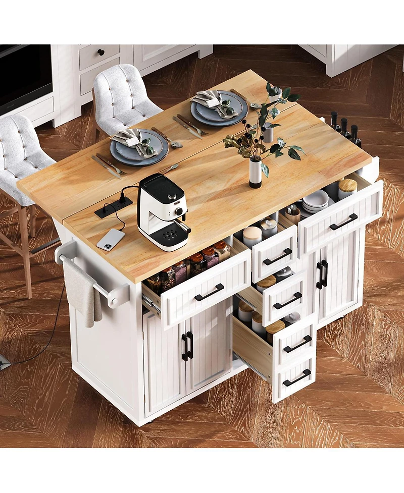 Streamdale Furniture Rolling Kitchen Island Power, Storage, Drop Leaf