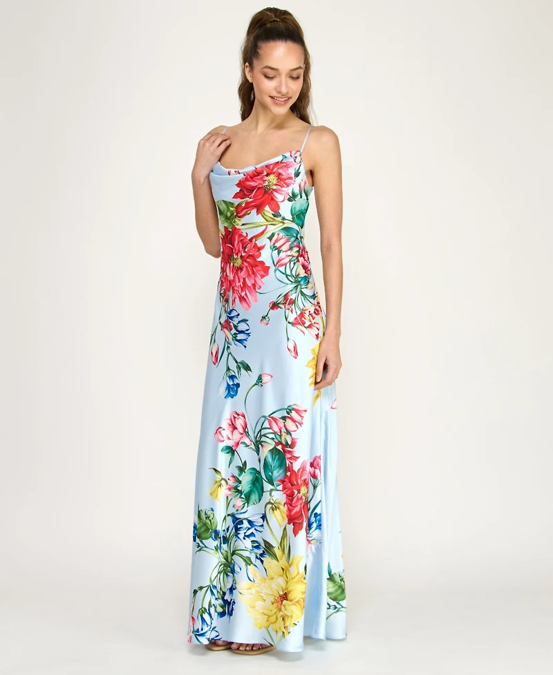 B Darlin Juniors' Cowl Neck Printed Spaghetti Straps Satin Gown