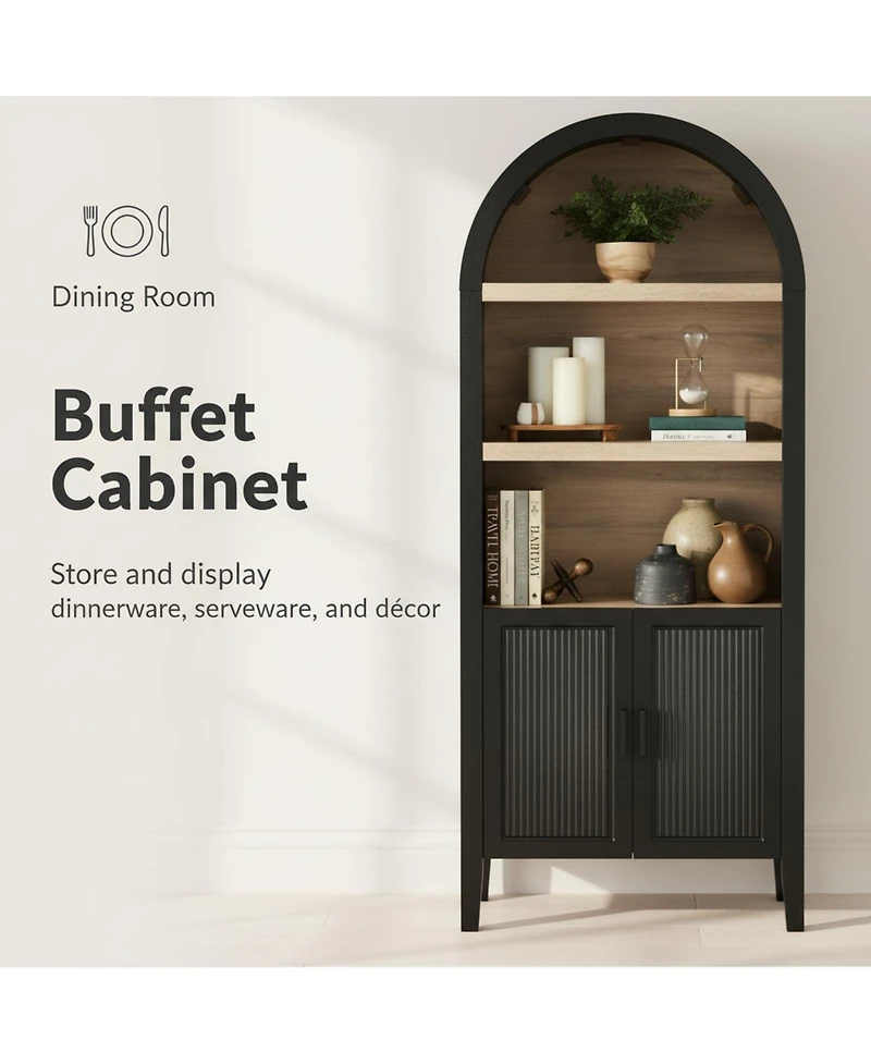 Yigii Arched Pantry Cabinet Reeded Doors 5-Tier Adjustable Shelves Storage for Kitchen Dining Living Room