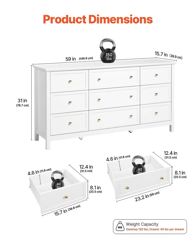 Gouun 9 Drawer Dresser, Wooden Chest of Drawers with Sliding and Anti