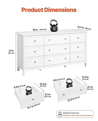Gouun 9 Drawer Dresser, Wooden Chest of Drawers with Sliding and Anti