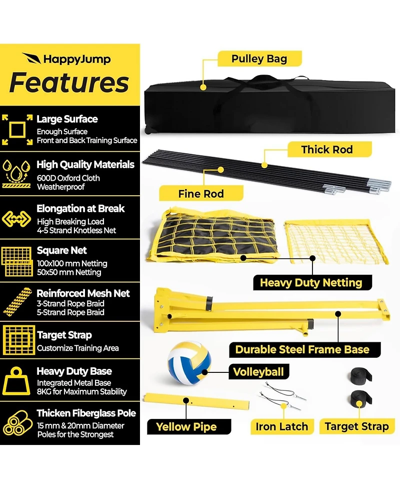 Happy Jump 8x11 Ft Professional Adjustable Volleyball Training Equipment, 3 Height Levels (6.5-8 Ft) Includes Volleyball for Indoor/Outdoor Training