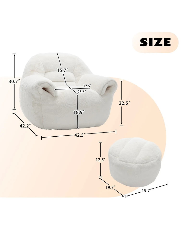Clihome Comfy Bean Bag Sofa with Back Support and Footstool, Faux Fur Bean Bag Chair, Stuffed Floor Sofa