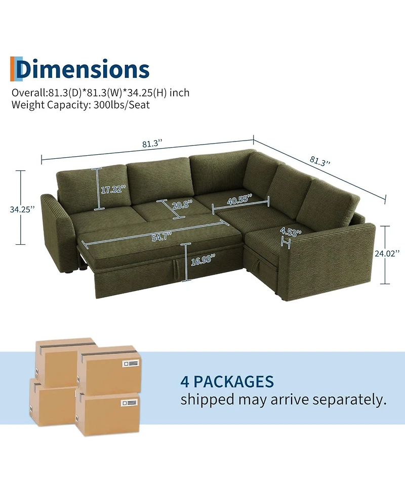 gaomon Corduroy U Shaped Sectional Sleeper Sofa with Pull Out Bed, Storage Seat & Ottoman