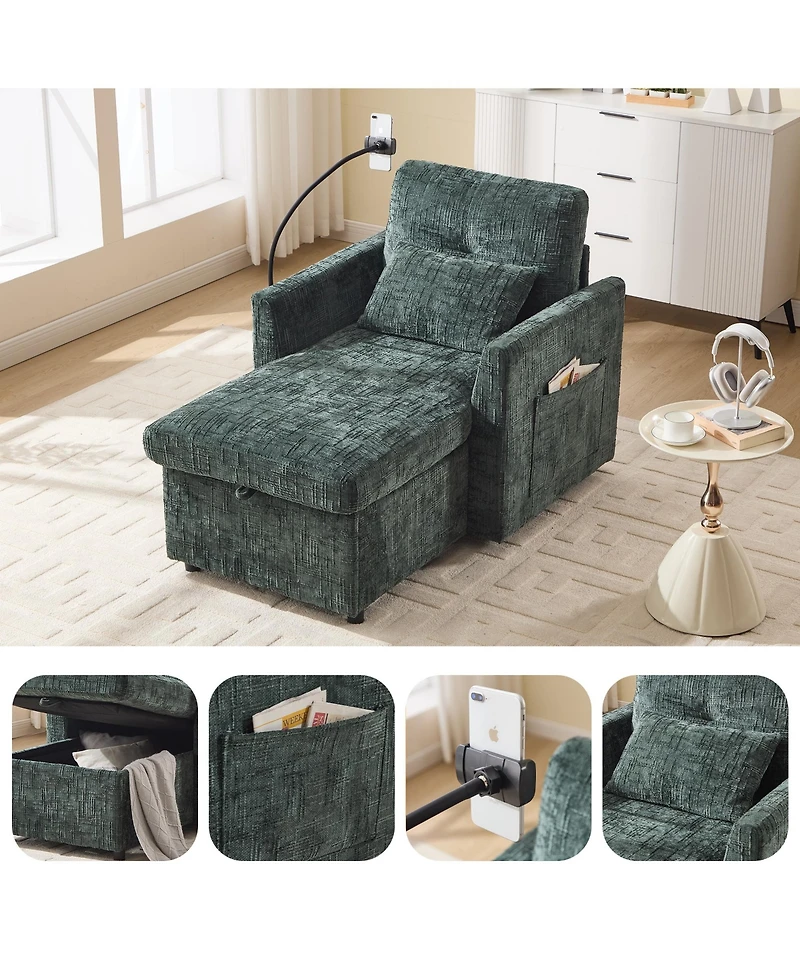 Rainsken Cozy Lazy Sofa Recliner Chair, Soft Chenille Upholstered Single Lounge with Storage, Side Pockets and Phone Holder for Living Room