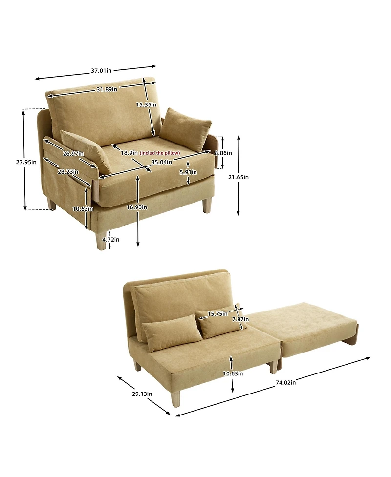 Rainsken Modern Chenille Lounge Recliner Sleeper Sofa with 3 Pillows and Side Pocket, Convertible Sofa Bed for Living Room, Bedroom and Home Office