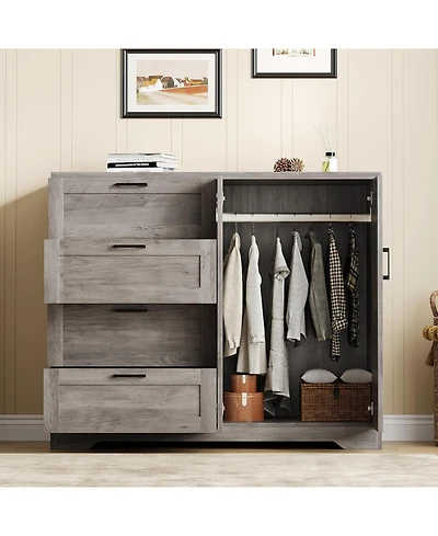 gaomon 43.3'' H Armoire Wardrobe Closet with 4 Drawers and 2 Doors, Hanging Rod, Multifunctional Wooden Dresser with Storage Closet