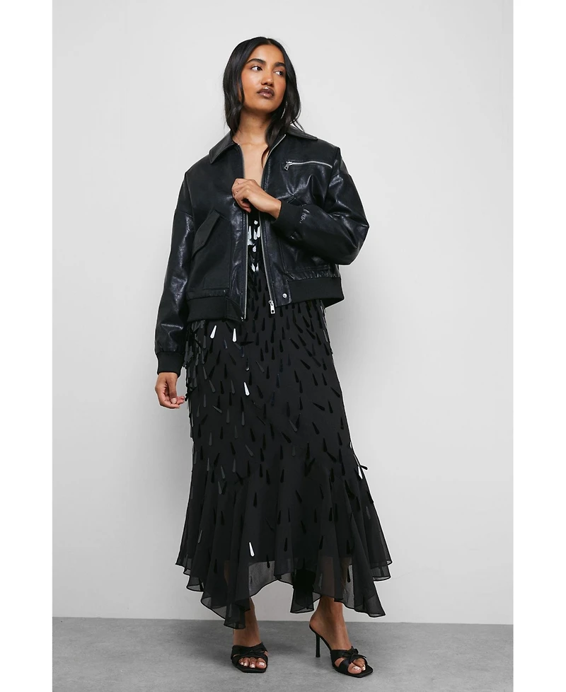 Warehouse Women's Faux Leather Distressed Bomber Jacket