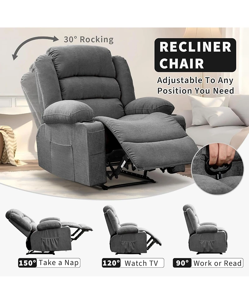gaomon Wide Rocker Recliner Chair for Adults, Manual Oversized Chairs w/Armrest, Backrest, 2 Cup Holders, Side Pocket