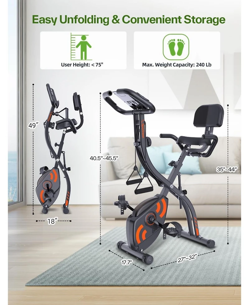 Sportneer Foldable Stationary Bike 4 in 1 Indoor Cycling with 16 Level Magnetic Resistance Arm Band Pvc Floor Mat for Home Gym Workout