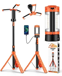 Rechargeable 10000mAh Camping Light Cordless Work Light with Detachable Stand 6.5 ft Max Height, 3 Led Lamp Heads, 2500 Lumens Emergency Flashlight