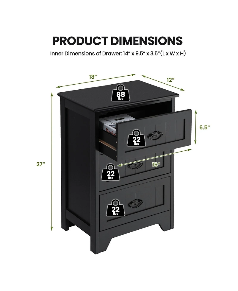 sumyeg 3 Drawers End Storage Wood Side Nightstand