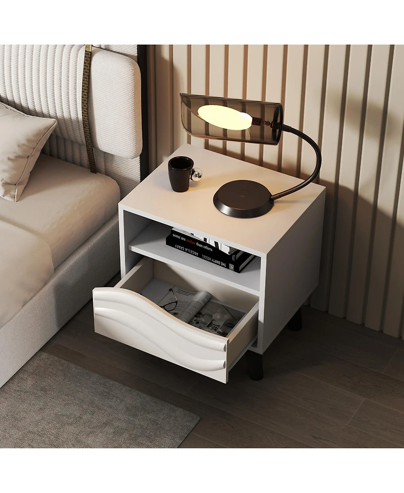 sumyeg Nightstand Mid Century Modern Bedside Table with 3D Wavy Pattern and Open Shelf