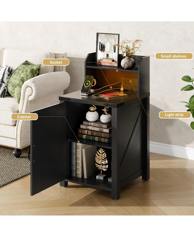 sumyeg Nightstand with Charging Station, 18" Farmhouse End Table Barn Door and Adjustable Shelf
