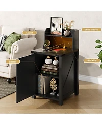 sumyeg Nightstand with Charging Station, 18" Farmhouse End Table Barn Door and Adjustable Shelf