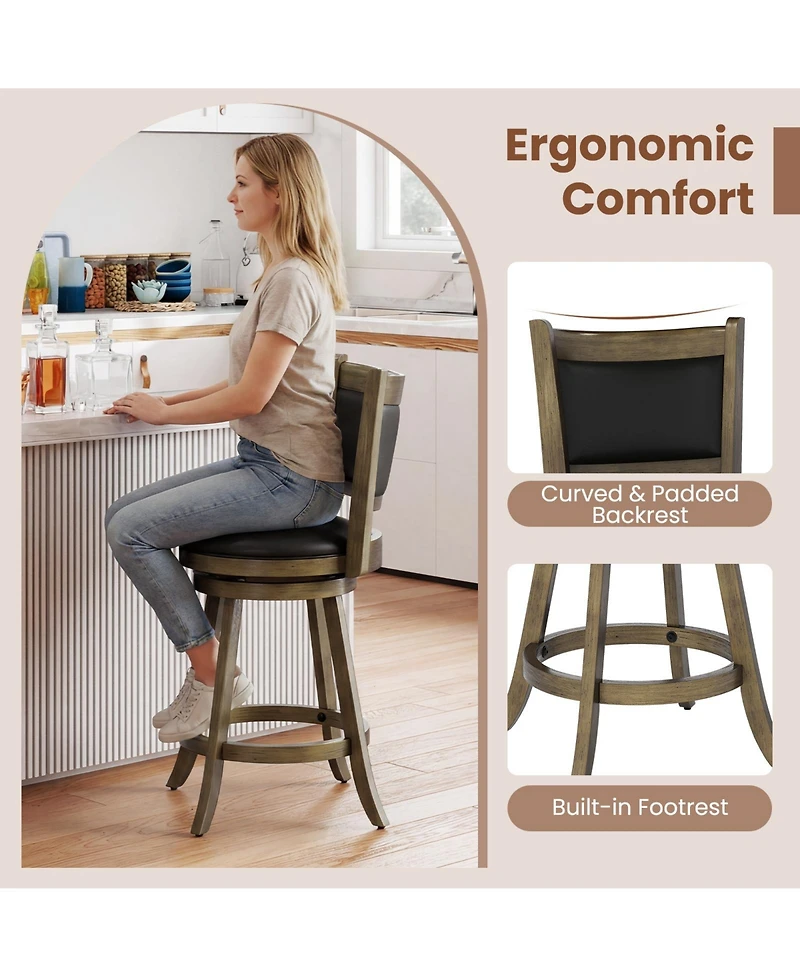 Gymax Swivel Bar Stools w/ Solid Rubber Wood Frame Set of 4 for Kitchen Island