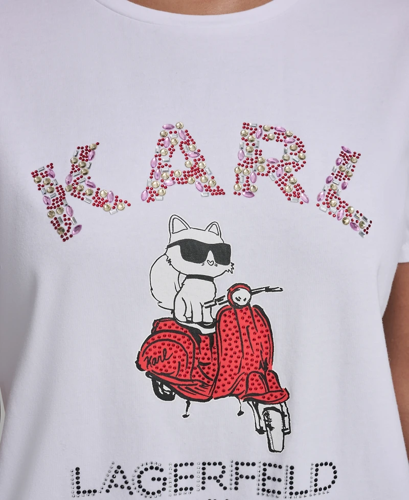 Karl Lagerfeld Paris Women's Choupette On Moped Printed Crewneck Top